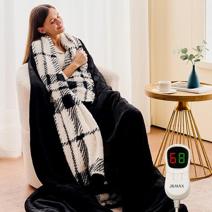 Heated Electric Blanket Throw Size - 50"x60" Flannel Heating Blanket with 10 Heating Levels & 5 Time Settings Over-Heat Protection, Winter Warmer for Adults with ETL Certification（Black）