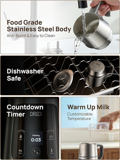 Dreo Milk Frother [Upgraded], All-in-1 Electric Foam Maker for Coffee, 15oz/450ml Automatic Foam Frother for Latte Art-level Microfoam, 30+ Drinks, Easy to Clean, Dishwasher Safe, LED display