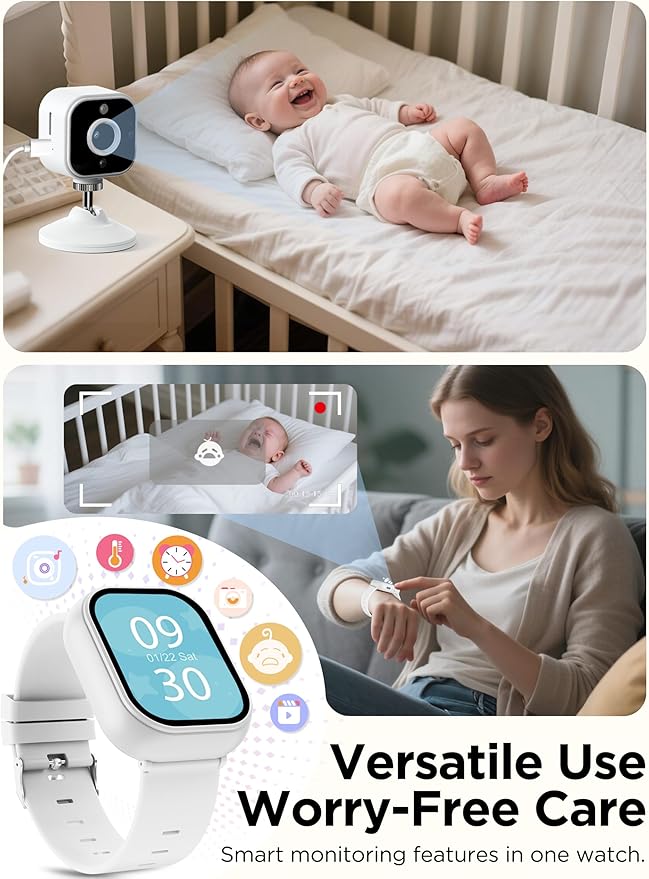 Baby Monitor with Camera and Audio, Wearable Portable Baby Monitor No WiFi Needed Watch, Can Save 1080P HD Video, SD Card Included, Night Vision, 2-Way Talk, Cry & Temp Sense, Alarm & Lullabies