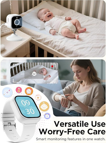 Baby Monitor with Camera and Audio, Wearable Portable Baby Monitor No WiFi Needed Watch, Can Save 1080P HD Video, SD Card Included, Night Vision, 2-Way Talk, Cry & Temp Sense, Alarm & Lullabies