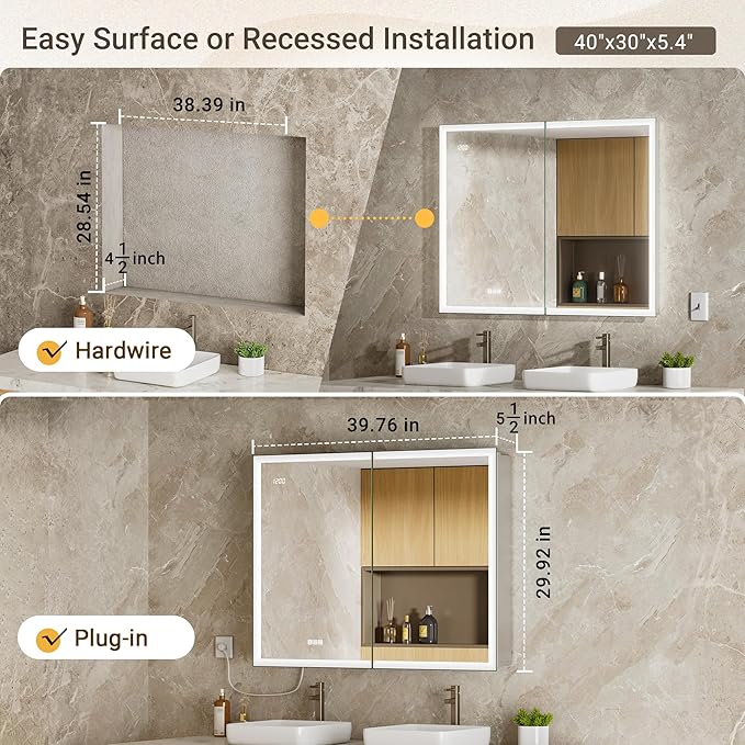 40x30 LED Medicine Cabinet Mirror with Double Lights-Front & Backlit, 155°Soft-close Hinge, Surface or Recessed Dimmable Lighted Medicine Cabinet Mirror with Clock Outlet Inner Light,Anti-fog