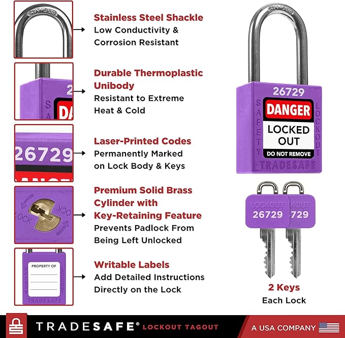 TRADESAFE Lockout Tagout Locks Set - 10 Purple Keyed Alike Padlocks, 2 Keys Per Lock, OSHA Compliant Loto Locks for Lock Out Tag Out Stations, Premium Grade