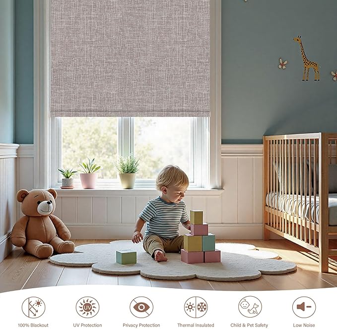 Motorized Roller Blinds with Remote, 100% Blackout Automatic Roller Shades for Bedroom, Bathroom, and Living Room, Customized Size, Cloud Shadow Brown