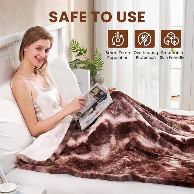 Electric Heated Blanket 50"x60",Luxury White Coffee Faux Rabbit Fur Electric Throw Blanket,Fast Heating Soft Fluffy Thick Electric Blanket with 6 Heating Levels & 12H Auto Off