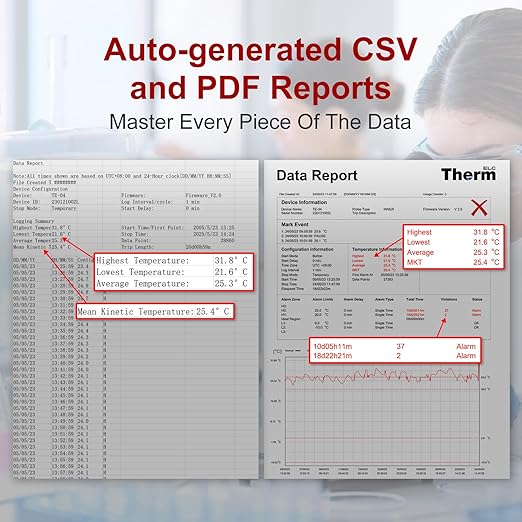 TE-04 5PCS Temperature Data Logger with External Probe, Auto PDF& CSV Report, 35,000 Points, Large Display Pause Recording Function, Temperature Recorder for Cold Chain Vaccine Storage