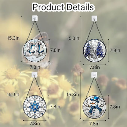 Stained Glass Window Hanging 4 Pcs Set White Winter Christmas Snow Scene 7.8" - Suncatcher Door Garden Sun Catcher Decor Birthday for Mom Woman Nana Men Friend Wife