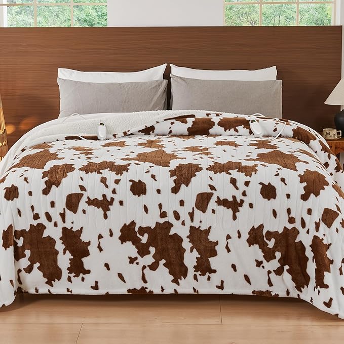 Cow Print Electric Heated Blanket King Size,90X100 Brown Heating Blanket King with Dual Control&Timer&10 Heat Levels,Highland Cow Decor Fleece Sherpa Blankets Warmer Gifts for Bed Women Adults