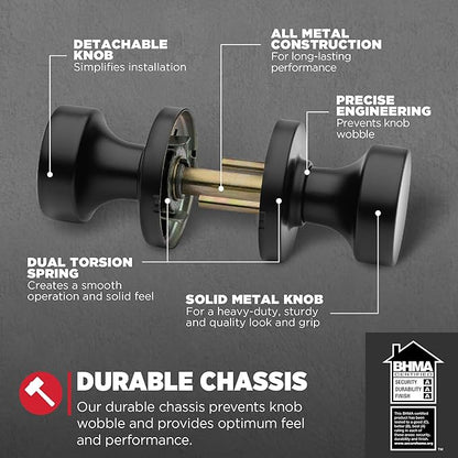Kwikset Pismo Interior Passage Door Knob, Handle for Closet and Hallway Doors, Non-Locking Doorknob in Matte Black, with Microban Protection (Pack of 12)