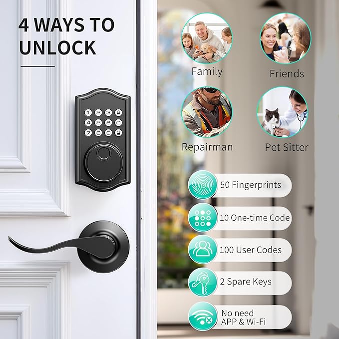 Keyless Entry Door Lock Deadbolt with Handle Set,Fingerprint Smart Locks for Front Door,Backlit Digital Keypad Deadbolt with 2 Keys - Auto Locking - Easy Installation-Left/Right Doors (Matte Black)