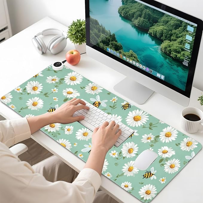 Heated Desk Pad Mouse Pad 31.5x13 Inch PU Leather Desk Mat with 3 Heat Levels Large Mouse Gaming Computer Laptop Mat Mint Green Daisy Flowers and Bees