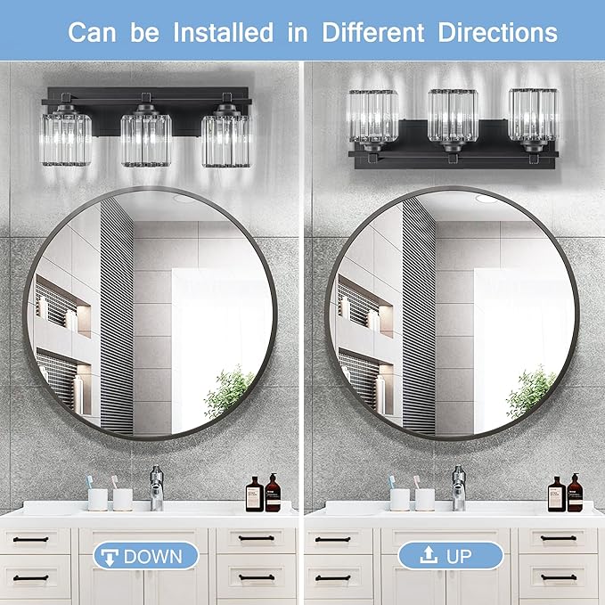Crystal Bathroom Light Fixtures, 3 Light Black Vanity Lighting Over Mirror with Crystal Shades, Modern Bathroom Vanity Light for Restroom, Bath, Cabinet and Powder Room
