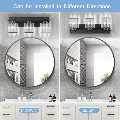 Crystal Bathroom Light Fixtures, 3 Light Black Vanity Lighting Over Mirror with Crystal Shades, Modern Bathroom Vanity Light for Restroom, Bath, Cabinet and Powder Room
