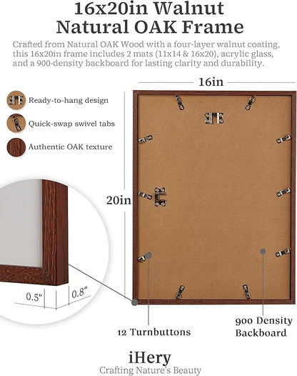 iHery Standard 16x20in Premium Truly Natural OAK Wood Walnut Color Picture Frame with 2 Mats (11x14,16x20), Acrylic Glass Thickened Backboard, Minimalist Photo Frames Narrow Border Set of 3