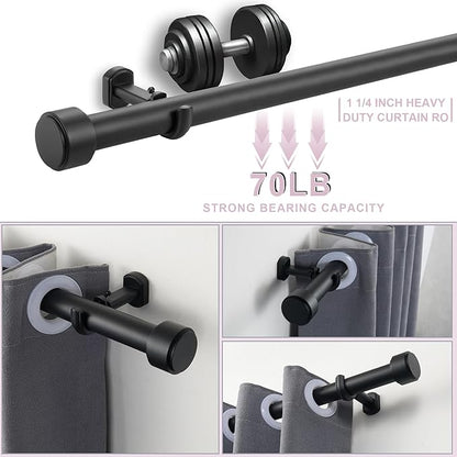 Heavy Duty Curtain Rods,1 1/4" Large Diameter Premium Nonadjustable Curtain Rod,48in/4ft Custom Window Treatment Rods with Durable Aluminum Brackets and End Caps,Black Finish