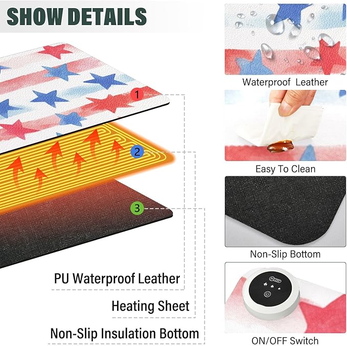 Heated Desk Pad Mouse Pad 31.5x13 Inch PU Leather Desk Mat with 3 Heat Levels Large Mouse Gaming Computer Laptop Mat July 4th Stripes Stars White