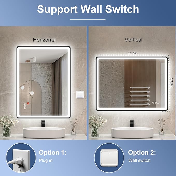 STARLEAD 24"x32" LED-Bathroom-Mirror-with-Lights, Wall-Mounted with Bluetooth, Anti-Fog, 3 Color Temperature Dimmable Brightness, Waterproof, Tempered Glass, Frontlit & Backlit, Black Frameless