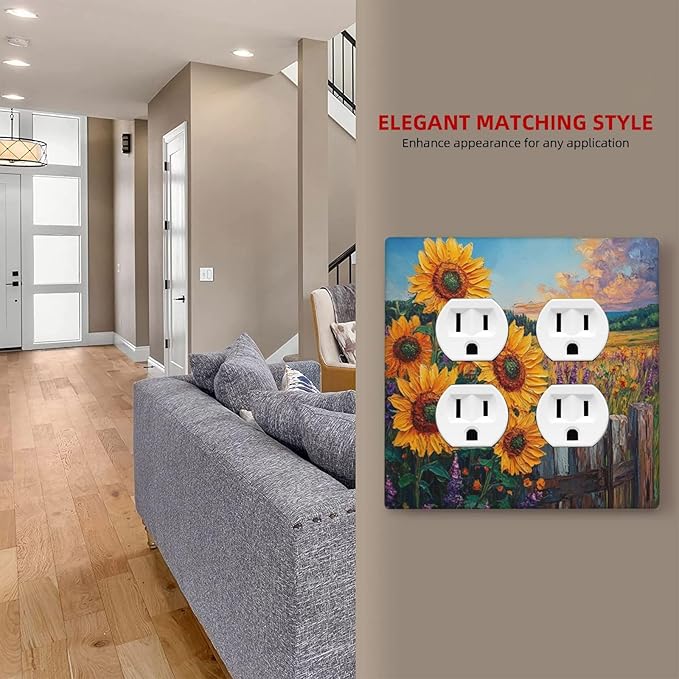 Decorative Outlet Covers Rustic Wilderness Sunflower Lavender Muzha Oil Painting 2 Gang Wall Plate Cover Double Duplex Receptacle Light Switch Cover Plate Faceplate