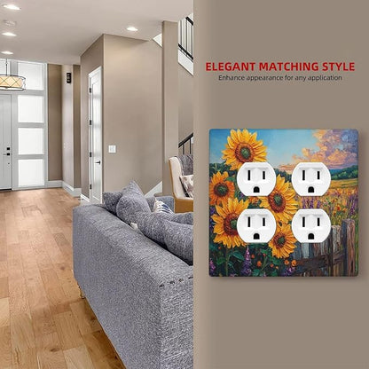 Decorative Outlet Covers Rustic Wilderness Sunflower Lavender Muzha Oil Painting 2 Gang Wall Plate Cover Double Duplex Receptacle Light Switch Cover Plate Faceplate