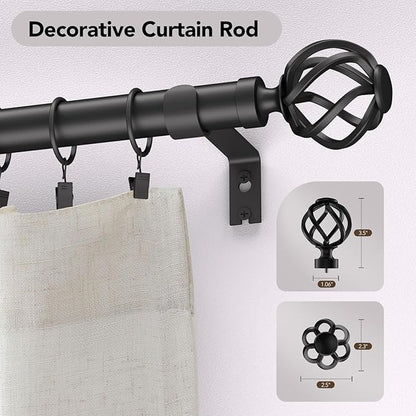 Curtain Rods for Windows 66 to 120, 1 Inch Adjustable Decorative Long Black Curtain Rod with Twisted Cage End, Modern Heavy Duty Outdoor Drapery Rods for Patio, Telescoping Splicing, Size 32"-120"