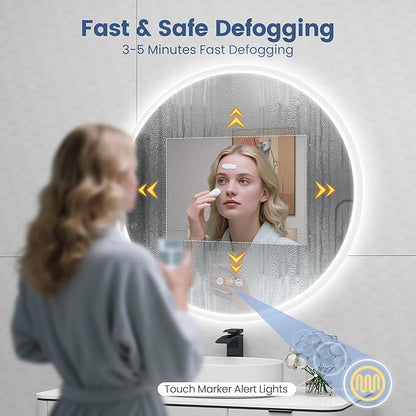 STARLEAD 24" LED-Bathroom-Mirror-with-Lights, Wall-Mounted with Bluetooth Speaker, Anti-Fog, 3 Color Temperature, Dimmable Brightness, Waterproof, Tempered Glass, Frontlit & Backlit, Round