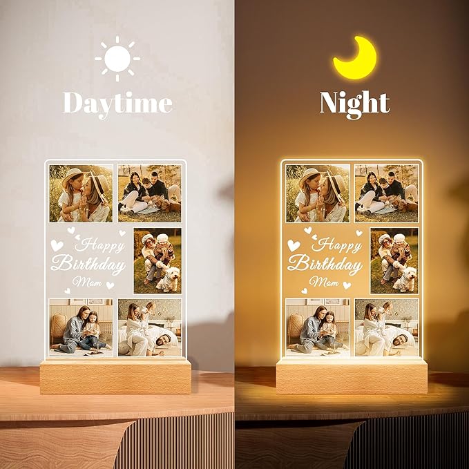 Personalized Birthday Gifts for Mom from Daughter Son, Custom Collage Picture Frames with Photo, Customized Photo Frame with Night Light, Personalized Gifts for Mom Baby Kids Family