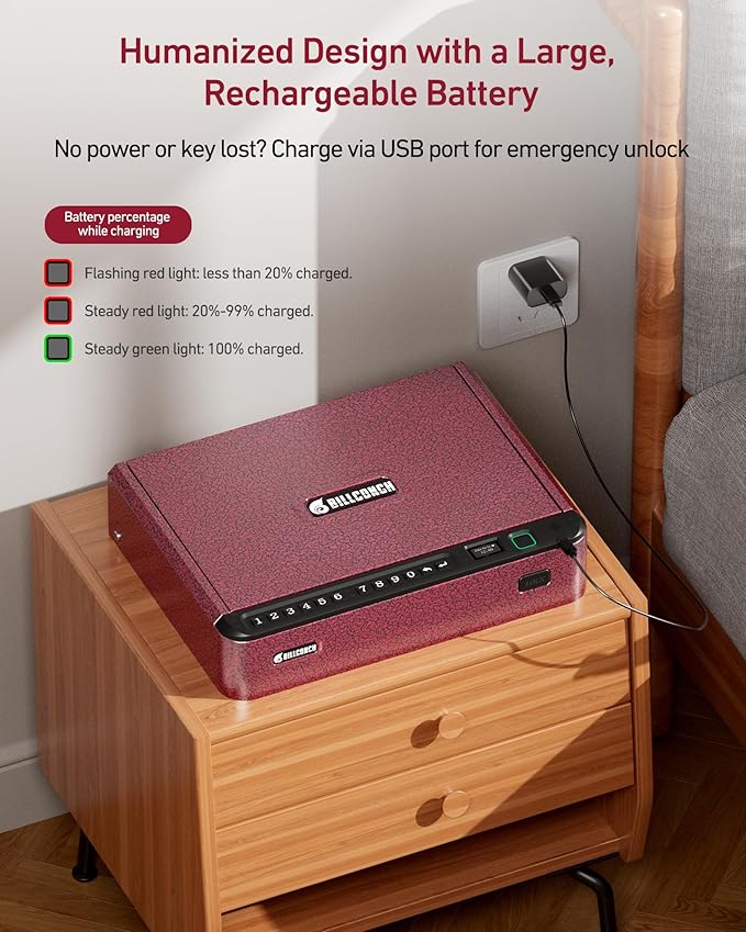 BILLCONCH Smart Gun Safe with Security Cable - Biometric Gun Safe for Handgun 4 Ways Quick Access with Fingerprint/Keypad/Key/APP Lock for Bedside Home Car with LCD/Voice Guide - Burgundy Red