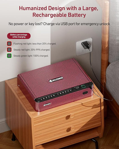 BILLCONCH Smart Gun Safe with Security Cable - Biometric Gun Safe for Handgun 4 Ways Quick Access with Fingerprint/Keypad/Key/APP Lock for Bedside Home Car with LCD/Voice Guide - Burgundy Red