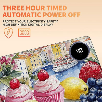 Heated Mouse Pad 23.6 x 14 in 3-Temp Fast Heating Desk Mat with Auto Timer Warmer for Hands Wrist Pain Relief Waterproof Keyboard Mat for Office, Gaming, Home, Sweet Treats Garden