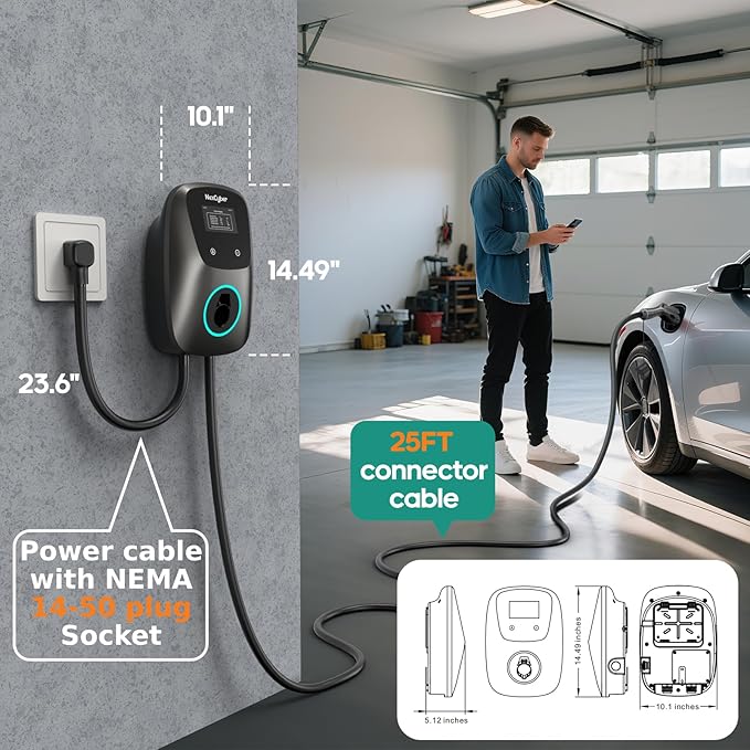 Level 2 EV Charger(WiFi APP/Plug-Play), 40Amp, 25ft Cable ETL Certified, 240V NEMA 14-50p Plug, Home Level 2 EVSE Car Charger w/ J1772 Connector, Electric Vehicle Charging Stations