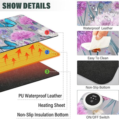 Heated Desk Pad Mouse Pad 31.5x13 Inch PU Leather Desk Mat with 3 Heat Levels Large Mouse Gaming Computer Laptop Mat Grey Pink Corflower Butterfly