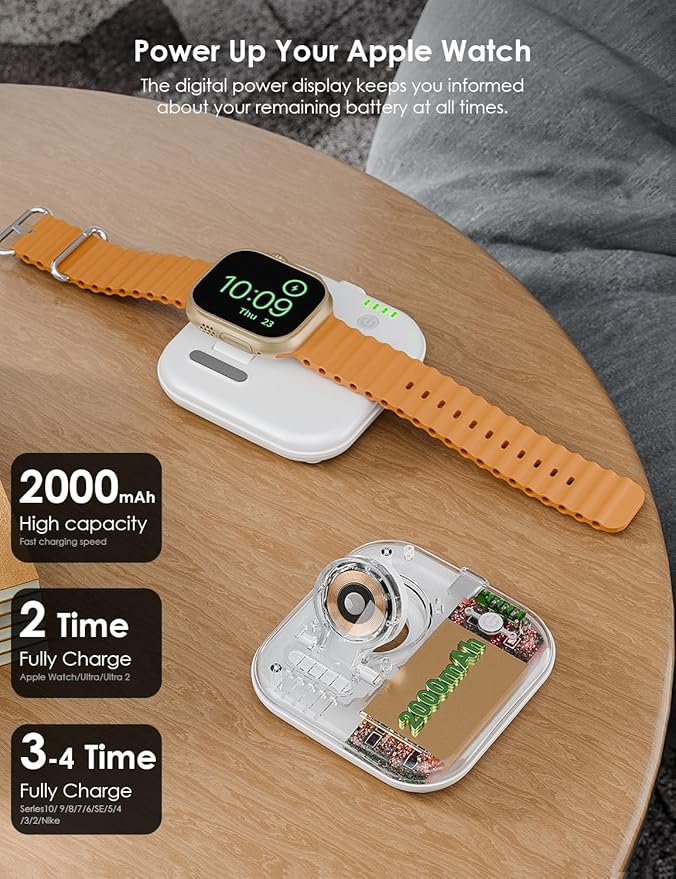 Portable for Apple Watch Charger 2000mAh - Foldable Magnetic Power Bank for Series 2-10/SE/Ultra1/2, Emergency Backup Charger with Type-C Travel Cable