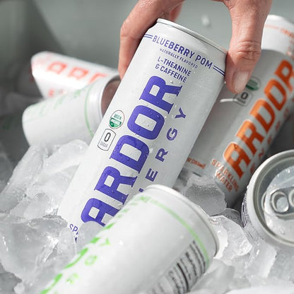 ARDOR ENERGY Sparkling Water with 100mg Natural Caffeine & 200mg L-Theanine from Organic Green Tea for Smooth Energy & Focus | Healthy Energy Drink | No Sugar, Zero Calories, Vegan, Gluten-Free | Blueberry Pom (Pack of 12, 12oz cans)