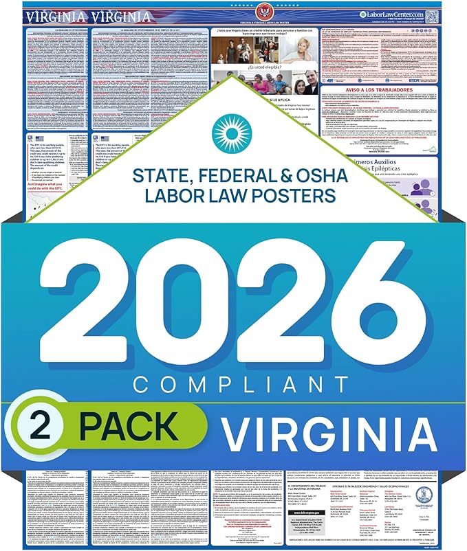 Virginia 2026 Labor Law Poster – State & Federal Compliance – OSHA, EEOC, FMLA, Minimum Wage – Durable, Laminated & Waterproof Workplace Employment Poster – Made in USA – 26” x 39.5”, 2-Pack