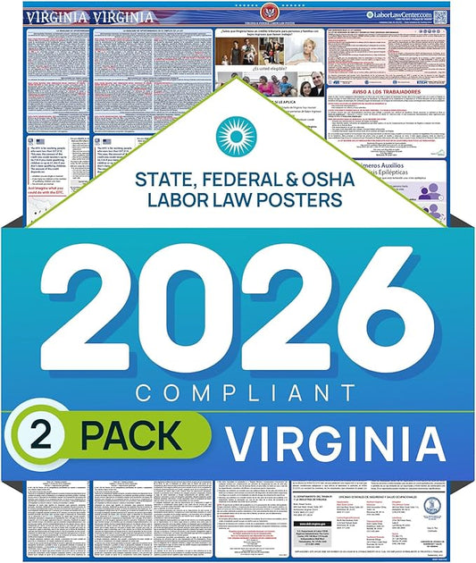 Virginia 2026 Labor Law Poster – State & Federal Compliance – OSHA, EEOC, FMLA, Minimum Wage – Durable, Laminated & Waterproof Workplace Employment Poster – Made in USA – 26” x 39.5”, 2-Pack