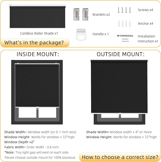 ChrisDowa Cordless Blackout Roller Shades for Windows, Thermal Insulated UV Protection Pull Down Shades, Total Blackout Window Blinds for Home, Office, Bedroom, Door (68" W x 72" H, Black)