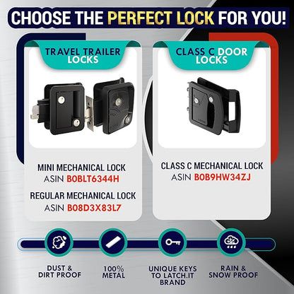 LATCH.IT RV Door Lock Replacement | Class C Camper Door Latch Fits 3.50" x 4.50" Lock Holes | 100% Metal RV Door Latch Replacement | RV Latch | Camper Door Locks with 2 High-Security Keys Included
