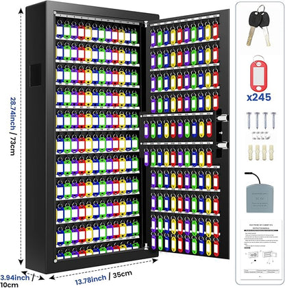 254 Keys Digital Key Lock Box Wall Mount with Code, Heavy Duty Anti-Theft Key Lock Box with Side Drop Slot and Colorful Key Tags for Car Garage House Rental Office
