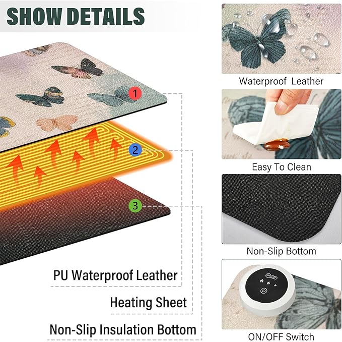 Heated Desk Pad Mouse Pad 31.5x13 Inch PU Leather Desk Mat with 3 Heat Levels Large Mouse Gaming Computer Laptop Mat Vintage Beige Butterflies