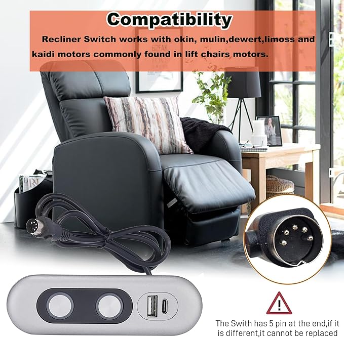 Recliner Switch,2 Button 5 Pin Lift Chair or Power Recliner Manual Control with USB A and C Interfaces Recliners Replacement Parts Limoss Lazboy Pride Catnapper Stand