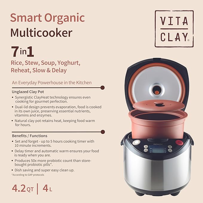 VitaClay Smart Organic Clay Pot Multi Cooker - Toxin Free Clay Rice Cooker, Delay Start Slow Cooker, Stew Cooker, Electric Soup Pot, Yogurt Maker, with Natural Earthen Clay Crock, 8 Cup / 4.2-Quart