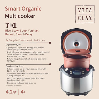 VitaClay Smart Organic Clay Pot Multi Cooker - Toxin Free Clay Rice Cooker, Delay Start Slow Cooker, Stew Cooker, Electric Soup Pot, Yogurt Maker, with Natural Earthen Clay Crock, 8 Cup / 4.2-Quart