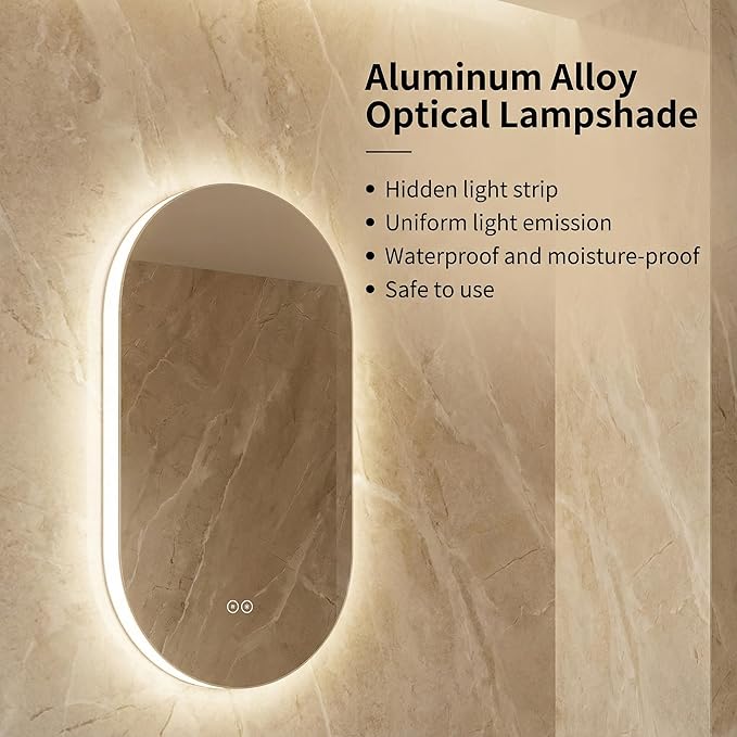 LAIYA 24V Full-Power Oval LED Bathroom Vanity Mirror, 48X24inch Frameless Backlit Mirror with Light, Smart Anti-Fog Waterproof Mirror with Memory Function Dimmable Lighted Mirror