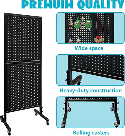 Royxen Standing Pegboard Display 2 x 5 Feet, Metal Pegboard with 30 Hooks, Peg Board Display Stand with Wheels for Vendors, Home and Retail Store (Black)