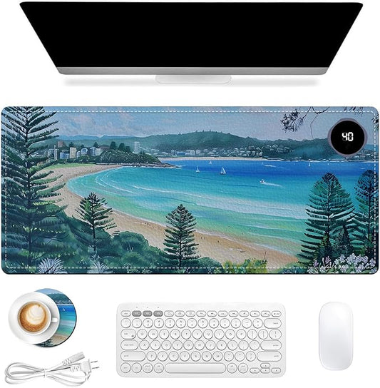 Heated Mouse Pad, Warm Desk Pad, Keyboard Mat 31.5 x 13 Inch Large Size Intelligent Fast Heating, 3 Speed Adjustable, Timed Auto Power Off for Game Office Home,Blue Sea Level Beach Woods