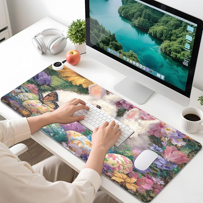 Heated Desk Pad Mouse Pad 31.5x13 Inch PU Leather Desk Mat with 3 Heat Levels Large Mouse Gaming Computer Laptop Mat Easter Bunny Eggs Sunflowers
