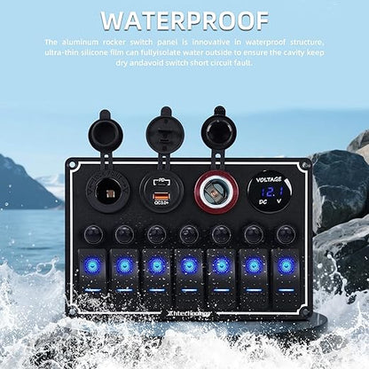 7 Gang Marine Boat Switch Panel with Dual USB Charger & Voltmeter, Waterproof Aluminum Rocker Switch Panel for Marine Automotive Truck RV Trailer with Lighter Socket Press Protector, 12/24V Black