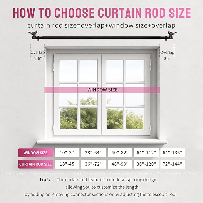Curtain Rods for Window 48 to 90 Inches Vintage Bronze Curtain Rod with Bird Finials Adjustable Drapery Rod Heavy Duty Curtains Rods for Living Room Kitchen Window
