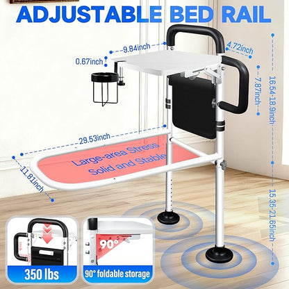 Bed Rails for Elderly Adults Safety with Foldable Tray, Adjustable Bed Assist Rails for Seniors with Motion Sensor Light & Cup Holder, ASTM Approved Bed Cane Bed Rail with 2 Handles & Pocket