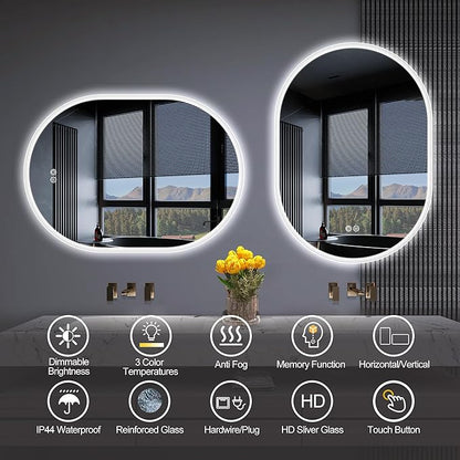 S'bagno 2pcs 28x20 inch Oval-Led-Bathroom-Mirror Dimmable Brightness, Lghted-Bathroom-Mirror with Defogger, Touch-Buttons, Lights Color Changing, Vertical and Horizontal