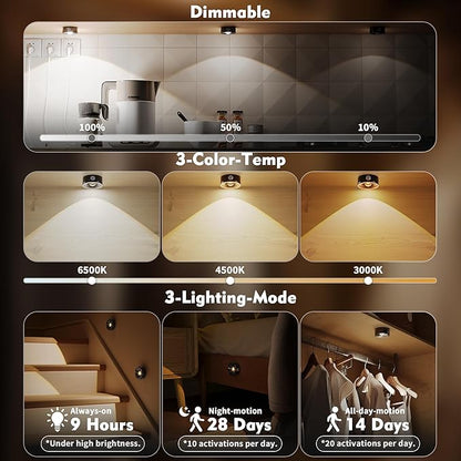 2" Rechargeable Mini Puck Lights w/Lanyard, Renter Friendly Magnetic Stick On Battery Operated Lights, Wireless Motion Sensor Light Indoor for Closet, Wall, Shelves, Kitchen, Locker - 3Pack/Black